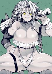 Rule 34 | 1girl, abs, biceps, braid, breasts, choker, closed mouth, collarbone, copyright request, eyes visible through hair, fangs, green background, highres, holding, holding weapon, large breasts, looking at viewer, monochrome, muscular, muscular female, ogre, pointy ears, solo, squatting, takatsuki ichi, thick thighs, thighs, weapon, yellow eyes