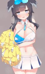 Rule 34 | 1girl, animal ears, bare shoulders, black hair, blue archive, blue eyes, blush, breast lift, breasts, breath, cheerleader, cowboy shot, crop top, dog ears, dog girl, eyewear on head, facial mark, goggles, goggles on head, halterneck, hibiki (blue archive), hibiki (cheer squad) (blue archive), highres, holding, holding pom poms, kuro kokujyou, large breasts, long hair, looking at viewer, millennium cheerleader outfit (blue archive), navel, nose blush, official alternate costume, open mouth, pom pom (cheerleading), pom poms, skirt, star (symbol), star facial mark, sticker on face, stomach, white skirt
