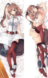 Rule 34 | 10s, 1girl, anchor, arm behind head, ass, belt, belt buckle, blouse, blue eyes, blush, breast pocket, breasts, brown hair, buckle, clothes pull, dakimakura (medium), dress, dress pull, drum magazine, flight deck, full body, funnel, hair between eyes, hand on own ass, highres, holster, kantai collection, kochipu, large breasts, leg lift, long hair, looking at viewer, lying, magazine (weapon), multiple views, neckerchief, nipples, on side, pocket, ponytail, red belt, red neckerchief, red thighhighs, rudder footwear, saratoga (kancolle), shirt, short sleeves, side ponytail, smile, smokestack, thigh holster, thighhighs, torn clothes, white dress, white shirt