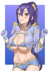 Rule 34 | 1girl, breasts, brown eyes, chobi kuma, cleavage, clenched hands, glasses, gloves, hair between eyes, highres, jacket, jo aysel, large breasts, long hair, looking at viewer, midriff, navel, purple gloves, purple hair, solo, swimsuit, swimsuit under clothes, thick lips, zoids, zoids wild, zoids wild zero
