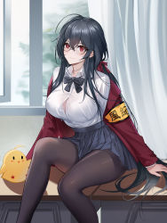 Rule 34 | 1girl, absurdres, ahoge, armband, azur lane, black bow, black bowtie, black hair, black pantyhose, black skirt, blush, bow, bowtie, breasts, button gap, closed mouth, collared shirt, curtains, desk, feet out of frame, glasses, hair between eyes, hair ribbon, highres, huge ahoge, jacket, large breasts, long hair, long sleeves, looking at viewer, manjuu (azur lane), maze (sherlock5230), miniskirt, official alternate costume, on desk, open clothes, open jacket, pantyhose, pleated skirt, red eyes, red jacket, red ribbon, ribbon, shirt, shirt tucked in, sidelocks, sitting, skirt, smile, solo, taihou (azur lane), taihou (sweet time after school) (azur lane), thighs, very long hair, white shirt, window, yellow armband
