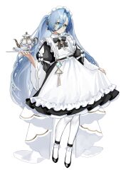 Rule 34 | 1girl, 37 (reverse:1999), absurdres, apron, aqua eyes, blue hair, cup, curtsey, full body, hair between eyes, highres, holding, holding tray, long hair, looking at viewer, maid, maid apron, maid headdress, pecora (udpf2448), reverse:1999, simple background, smile, solo, tea set, teacup, teapot, tray, twintails, very long hair, white background