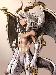 Rule 34 | 1boy, albino, claws, closed mouth, dragon horns, dragon tail, dragon wings, hair between eyes, highres, horns, kotatsu (g-rough), male focus, monster boy, navel, nude, original, pointy ears, red eyes, solo, tail, white hair, wings