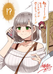 Rule 34 | !?, 3girls, bad id, bad twitter id, blonde hair, blush, braid, breasts, brown choker, cellphone, choker, closed mouth, confused, crown braid, dated, fingernails, green eyes, grey hair, grey sweater, hand up, holding, holding phone, hololive, houshou marine, large breasts, long fingernails, long sleeves, medium hair, mizuryu kei, multiple girls, off-shoulder sweater, off shoulder, official alternate costume, phone, pointy ears, ribbed sweater, shiranui flare, shirogane noel, shirogane noel (casual), signature, smartphone, smile, solo focus, sweatdrop, sweater, talking on phone, tears, translation request, virtual youtuber, white background