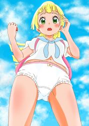 Rule 34 | 1girl, arms up, blonde hair, blunt bangs, blush, bow, bow panties, cloud, cloudy sky, creatures (company), game freak, green eyes, hand in own hair, highres, holding, holding poke ball, lillie (pokemon), looking at viewer, looking down, loose hair strand, nintendo, open mouth, panties, poke ball, poke ball (basic), pokemon, pokemon sm, ponytail, sakuraku, sky, solo, teeth, underwear, upper teeth only