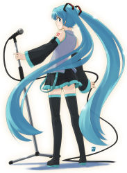 Rule 34 | back, bad id, bad pixiv id, blue eyes, blue hair, detached sleeves, full body, hatsune miku, highres, long hair, looking back, microphone, microphone stand, nagian, skirt, smile, solo, standing, thighhighs, twintails, very long hair, vocaloid, zettai ryouiki