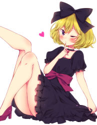 Rule 34 | 1girl, black choker, blonde hair, blush, bow, choker, commentary request, dress, elly (tonari no kyuuketsuki-san), feet out of frame, finger to mouth, frilled dress, frills, heart, high heels, highres, jewelry, leg up, looking at viewer, nail polish, one eye closed, pink bow, pink nails, purple bow, purple dress, purple eyes, short hair, simple background, sitting, sk02, solo, tonari no kyuuketsuki-san, white background
