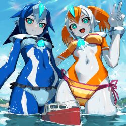 Rule 34 | 2girls, :d, bikini, blue eyes, blue hair, bodysuit, breasts, colored skin, fang, frown, giant, giantess, looking at viewer, medium breasts, multicolored hair, multiple girls, navel, nikunopengin, ocean, open mouth, orange hair, original, partially submerged, ship, short twintails, side-tie bikini bottom, skin tight, small breasts, smile, swimsuit, tsuburaya productions, twintails, two-tone hair, ultra series, v, water, watercraft, wet, white hair, white skin, x girl flair (nikunopengin), x girl selena (nikunopengin)