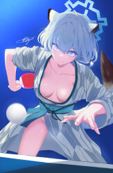 Rule 34 | 1girl, absurdres, animal ears, ball, blue archive, blue background, breasts, chaciooh, collarbone, green hair, green halo, grey kimono, hair between eyes, halo, highres, holding, japanese clothes, kimono, long sleeves, medium breasts, obi, official alternate costume, paddle, purple eyes, sash, shigure (blue archive), shigure (hot spring) (blue archive), short hair, signature, simple background, solo, table tennis, table tennis ball, table tennis paddle, tail, weasel ears, weasel tail, wide sleeves