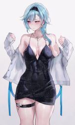 Rule 34 | 1girl, :t, absurdres, averting eyes, black dress, black hairband, blue hair, blush, breasts, cowboy shot, dress, earrings, eula (genshin impact), genshin impact, glint, hairband, highres, jacket, jewelry, medium breasts, necklace, off shoulder, pout, purple eyes, qiandaiyiyu, short dress, single earring, solo, taut clothes, taut dress, thigh strap, thighs, white jacket