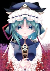 Rule 34 | 1girl, asymmetrical hair, blue vest, cacao (cacaomgmg), commentary, epaulettes, flower, frilled hat, frills, green eyes, green hair, hat, highres, long sleeves, looking at viewer, medium hair, open mouth, red flower, rod of remorse, shiki eiki, solo, spider lily, touhou, vest