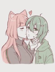 Rule 34 | 2girls, absurdres, ahoge, animal ears, blush, cat ears, closed mouth, commentary, english commentary, green hair, green jacket, grey jacket, hair between eyes, highres, hood, hood down, hooded jacket, jacket, kiss, kissing cheek, long hair, looking at viewer, mugen0017, multiple girls, original, parted lips, pink hair, shirt, signature, simple background, smile, track jacket, twitter username, white background, yuri