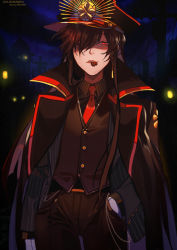 Rule 34 | 1girl, brown hair, character name, chocolate, commentary request, fate/grand order, fate (series), hair over one eye, hands in pockets, hat, jacket, long hair, long sleeves, looking at viewer, march ab, mouth hold, necktie, night, oda nobunaga (fate), oda nobunaga (koha-ace), oda uri, open clothes, open jacket, pants, peaked cap, red eyes, red necktie, solo, standing, translation request, upper body, vest