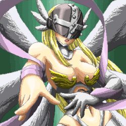 Rule 34 | 1girl, angel wings, angewomon, breasts, cleavage, covered eyes, digimon, digimon (creature), digimon adventure, dragon (artist), elbow gloves, gloves, helmet, helmet over eyes, large breasts, lowres, multiple wings, oekaki, outstretched arm, pixel art, shawl, single glove, solo, white gloves, wings