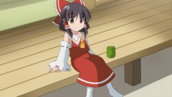 Rule 34 | 1girl, = =, animated, animated gif, bare shoulders, black eyes, black hair, blowing, bow, detached sleeves, drinking, female focus, hair bow, hair tubes, hakurei reimu, looking at viewer, non-repeating animation, open mouth, short hair, smile, solo, steam, tapiko, tea, touhou, wide sleeves