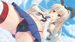 Rule 34 | 10s, 1girl, anchor, black panties, blonde hair, brown eyes, cameltoe, cleft of venus, cloud, day, elbow gloves, fujirin, gloves, hairband, highres, kantai collection, long hair, open mouth, panties, personification, sailor collar, shimakaze (kancolle), sky, socks, solo, striped clothes, striped socks, striped thighhighs, thighhighs, underwear
