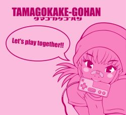 Rule 34 | 1girl, bandaid, bandaid on face, bandaid on nose, beanie, controller, game controller, hat, kzm, monochrome, mouth hold, pink background, pink theme, simple background, solo, staring, twintails