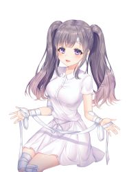 Rule 34 | 1girl, :d, absurdres, bandaged arm, bandaged leg, bandages, blush, breasts, brown hair, collared dress, commentary request, dress, hands up, highres, idolmaster, idolmaster shiny colors, long hair, looking at viewer, medium breasts, open mouth, purple eyes, reel (riru), short sleeves, sidelocks, simple background, sitting, smile, solo, twintails, white background, white dress, yukoku kiriko