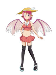 Rule 34 | 1girl, alternate costume, anime coloring, arm strap, bare arms, bare shoulders, black thighhighs, breasts, cato (monocatienus), commentary request, crop top, feathers, flip-flops, groin, hat, hat feather, head wings, looking at viewer, medium breasts, midriff, miniskirt, mystia lorelei, navel, pink eyes, pink hair, pink shirt, pink skirt, pleated skirt, sandals, shirt, short hair, sidelocks, simple background, skirt, sleeveless, sleeveless shirt, smile, solo, stomach, sun hat, thighhighs, thighs, touhou, white background, white footwear, wings, zettai ryouiki