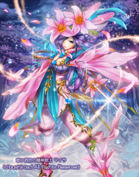 Rule 34 | 1girl, blue eyes, breasts, capelet, cardfight!! vanguard, cleavage, coga, company name, curly hair, flower, gem, gloves, hair flower, hair ornament, leaf, lily (flower), night, official art, petals, purple hair, rubellum lily splendorous musketeer myra, solo, sparkle, sword, tree, weapon