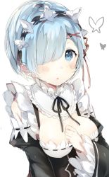 Rule 34 | 10s, 1girl, black ribbon, blush, breasts, bug, butterfly, collar, detached collar, detached sleeves, frilled collar, frilled sleeves, frills, hair ornament, hair over one eye, hand on own chest, highres, bug, looking at viewer, maid, maid headdress, medium breasts, niito, parted lips, re:zero kara hajimeru isekai seikatsu, rem (re:zero), ribbon, simple background, solo, upper body, white background, x hair ornament
