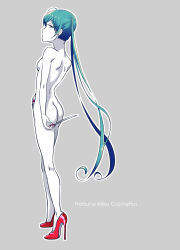 Rule 34 | 1girl, aqua eyes, aqua hair, ass, breasts, caffein, earrings, from behind, grey background, hatsune miku, high heels, highres, holding, jewelry, looking at viewer, looking back, nude, pale skin, scissors, shoulder blades, small breasts, solo, spot color, standing, stud earrings, twintails, vocaloid