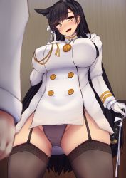 Rule 34 | 1girl, animal ears, atago (azur lane), azur lane, black hair, breasts, brown eyes, buttons, commentary request, garter straps, gloves, hair ornament, highres, large breasts, long hair, long sleeves, military, military uniform, mole, mole under eye, panties, smile, thighhighs, thighs, underwear, uniform, very long hair, white gloves, yuzumiya mono