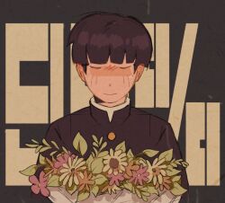 Rule 34 | 1boy, animated, animated gif, black eyes, black hair, blunt bangs, bouquet, bowl cut, closed eyes, closed mouth, commentary, english commentary, flower, gakuran, holding, holding bouquet, kageyama shigeo, looking at viewer, male focus, mob psycho 100, mp100days, school uniform, short hair, simple background, smile, solo, upper body