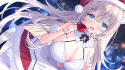 Rule 34 | 1girl, animal ears, blonde hair, blue eyes, breasts, cleavage, cleavage cutout, clothing cutout, copyright request, cup, dress, drinking glass, dutch angle, fang, holding, holding cup, large breasts, long hair, open mouth, satsuki yukimi, solo, upper body, very long hair, virtual youtuber, white dress, wine glass