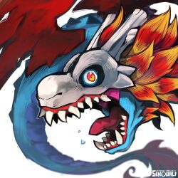Rule 34 | airdramon, digimon, digimon (creature), dragon, dragon tail, dragon wings, flying, looking at viewer, open mouth, sharp teeth, simple background, sinobali, solo, tail, teeth, tongue, tongue out, white background, wings