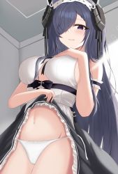 Rule 34 | 1girl, absurdres, apron, august von parseval (azur lane), august von parseval (the conquered unhulde) (azur lane), azur lane, black dress, black ribbon, breasts, cameltoe, clothes lift, clothing cutout, curled horns, dress, dress lift, from below, hair over one eye, hand on own chest, highres, horns, indoors, large breasts, looking at viewer, looking down, maid headdress, mechanical horns, official alternate costume, panties, purple eyes, purple hair, ribbon, ribbon between breasts, sleeveless, sleeveless dress, slqnsdl, solo, underboob cutout, underwear, white apron, white panties