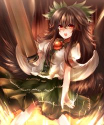 Rule 34 | 1girl, :d, arm cannon, bird wings, black hair, black wings, blush, bow, cape, cowboy shot, explosion, green skirt, hair bow, long hair, looking at viewer, maho moco, open mouth, puffy short sleeves, puffy sleeves, red eyes, reiuji utsuho, shirt, short sleeves, sidelocks, skirt, smile, solo, third eye, touhou, weapon, white shirt, wings