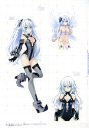 Rule 34 | 1girl, :|, absurdres, alternate costume, angel wings, aqua eyes, bare shoulders, black heart (neptunia), bodysuit, boots, bracer, breasts, breasts apart, choujigen game neptune, cleavage, cleavage cutout, closed mouth, clothing cutout, collar, elbow gloves, flower, four goddesses online: cyber dimension neptune, from side, full body, gloves, grey thighhighs, grid background, hair between eyes, hair flower, hair ornament, halo, halterneck, hand up, high heel boots, high heels, highres, jewelry, kami jigen game neptune v, leotard, long hair, looking at viewer, medium breasts, midriff, multiple views, navel, neptune (series), noire (neptunia), official art, power symbol, power symbol-shaped pupils, scan, serious, sidelocks, simple background, smile, standing, standing on one leg, symbol-shaped pupils, thigh boots, thighhighs, tsunako, turtleneck, v-shaped eyebrows, very long hair, wavy hair, white hair, wings