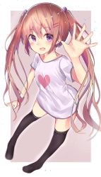 Rule 34 | 1girl, arm up, bare arms, black thighhighs, blurry, blush, breasts, brown hair, eyebrows, full body, hair ornament, hairclip, heart, heart print, highres, long hair, looking at viewer, multicolored background, neku (neku draw), no pants, no shoes, open mouth, original, outstretched hand, print shirt, purple eyes, shirt, short sleeves, small breasts, smile, solo, t-shirt, thighhighs, twintails, two-tone background, white shirt, wristband