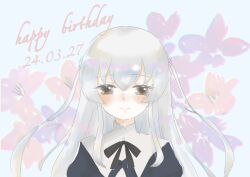 Rule 34 | 1girl, assault lily, black ribbon, blue background, blush, brown eyes, buttons, chromatic aberration, closed mouth, commentary, dated, egawa kusumi, floral background, flower, fumi (fumifumi3axl), grey hair, hair between eyes, hair flower, hair ornament, happy birthday, highres, light smile, long hair, looking at viewer, neck ribbon, pink flower, purple flower, ribbon, school uniform, sidelocks, solo, upper body, yurigaoka girls academy school uniform