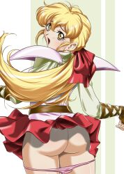 Rule 34 | 1girl, ass, belt, blonde hair, clothes lift, female focus, fortune quest, from behind, hair ribbon, highres, hinokawa jun, miniskirt, open mouth, panties, panty pull, pastel (fortune quest), pink panties, ponytail, red ribbon, red skirt, ribbon, shoulder pads, skirt, skirt lift, solo, thighs, third-party source, underwear, yellow eyes