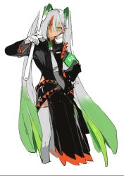 Rule 34 | 1girl, :/, armband, black dress, closed mouth, creatures (company), cropped legs, dress, eucharist (susukinoo), fighting miku (project voltage), food, food-themed hair ornament, game freak, gloves, green armband, green eyes, green hair, grey hair, grey necktie, grey thighhighs, hair ornament, hand on own hip, hand up, hatsune miku, holding, holding food, long hair, long sleeves, looking at viewer, multicolored hair, necktie, nintendo, orange hair, over shoulder, pokemon, project voltage, side slit, simple background, single sidelock, solo, spring onion, spring onion hair ornament, streaked hair, thighhighs, tsurime, twintails, very long hair, vocaloid, white background, white gloves