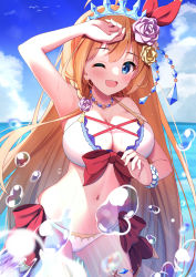 Rule 34 | 1girl, ;d, ahoge, arm up, armpits, bare shoulders, bead bracelet, beads, bikini, blue eyes, blue sky, blush, bow, bracelet, breasts, cleavage, collarbone, cowboy shot, day, flower, front-tie bikini top, front-tie top, gluteal fold, hair flower, hair ornament, hair ribbon, hand on forehead, highres, jewelry, large breasts, long hair, looking at viewer, navel, neckerchief, ocean, one eye closed, open mouth, orange hair, outdoors, pecorine (princess connect!), pecorine (summer) (princess connect!), pink flower, pink rose, princess connect!, red bow, red ribbon, ribbon, rose, side-tie bikini bottom, sky, smile, solo, stomach, straight hair, swimsuit, syurimp, thigh strap, tiara, very long hair, water, water drop, wet, white bikini, yellow flower, yellow rose