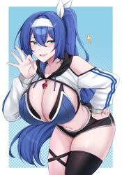 Rule 34 | 1girl, absurdres, alyssa (specktech), aqua eyes, bare shoulders, blue hair, breasts, clothing cutout, commission, fellatio gesture, hair between eyes, hairband, hand on own hip, hand up, highres, kanta (kanta 077), large breasts, long hair, long sleeves, midriff, open mouth, original, ponytail, short shorts, shorts, shoulder cutout, single thighhigh, solo, thigh strap, thighhighs, very long hair, white hairband