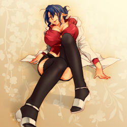 Rule 34 | 00s, 1girl, alternate costume, black thighhighs, blue hair, breasts, cleavage, high heels, judith (tales), lab coat, large breasts, looking at viewer, miniskirt, pencil skirt, ponytail, red eyes, red shirt, sandals, shirt, shoes, skirt, solo, tales of (series), tales of vesperia, teacher, thighhighs
