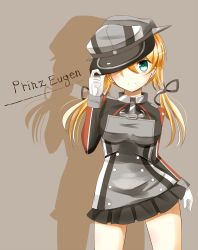 Rule 34 | 10s, 1girl, anchor hair ornament, arm at side, black skirt, blonde hair, character name, gloves, green eyes, hair ornament, hat, hat over one eye, highres, indo (mdtanaka2007), kantai collection, long hair, long sleeves, looking at viewer, military, military uniform, miniskirt, peaked cap, pleated skirt, prinz eugen (kancolle), skirt, smile, solo, twintails, uniform, white gloves