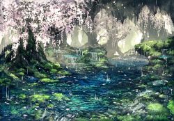 Rule 34 | flower, forest, moss, nature, no humans, original, outdoors, petals, pippi (pixiv 1922055), rain, scenery, stream, tree, water, wisteria