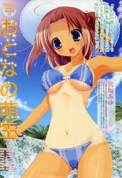 Rule 34 | 1girl, :d, absurdres, bikini, blue bikini, blue eyes, breasts, day, dengeki moeou, fisheye, hat, highres, looking at viewer, medium breasts, miyasaka miyu, navel, one-piece tan, open mouth, outdoors, outstretched arms, red hair, smile, solo, spread arms, sun hat, swimsuit, tan, tanline, underboob