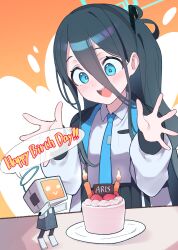 Rule 34 | &lt;key&gt; (robot) (blue archive), 1girl, :d, absurdres, aris (blue archive), black hair, blue archive, blue eyes, blue necktie, blush, cake, candle, collared shirt, commentary request, english text, food, hair between eyes, happy birthday, highres, long hair, long sleeves, necktie, open mouth, orange background, robot, shirt, smile, sutora binsuke, teeth, upper teeth only, white shirt
