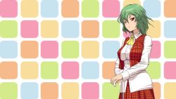 Rule 34 | 1girl, ascot, breasts, checkered background, diisuke, frown, green hair, kazami yuuka, large breasts, looking at viewer, plaid, plaid skirt, plaid vest, red eyes, short hair, skirt, solo, touhou, vest