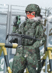 Rule 34 | 1girl, absurdres, ammunition pouch, assault rifle, barbed wire, black gloves, breasts, breath, brown hair, camouflage, camouflage jacket, camouflage pants, chain-link fence, combat helmet, commentary, daewoo k2, dark skin, ear protection, english commentary, engrish commentary, fang, fence, fur-trimmed jacket, fur trim, gloves, green eyes, gun, gun sling, hair between eyes, hand in pocket, hand up, hand warmer, helmet, highres, hitch (perotoss), hood, hooded jacket, jacket, large breasts, load bearing vest, open mouth, original, paid reward available, pants, pouch, republic of korea army, rifle, short hair, snowing, solo, upper body, weapon