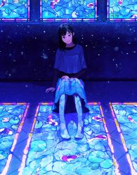 Rule 34 | 1girl, arm at side, black hair, blue eyes, blue theme, closed mouth, full body, gemi, hand on lap, highres, indoors, knees up, layered sleeves, lips, long hair, long sleeves, looking at viewer, original, pantyhose, pink lips, purple theme, reflection, short over long sleeves, short sleeves, sitting, skirt, skirt set, solo, stained glass, undershirt, window, window shadow