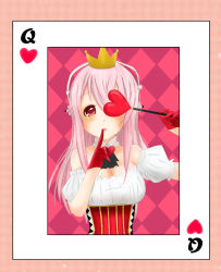 Rule 34 | 1girl, aki sakura, alice in wonderland, bad id, bad pixiv id, blush, breasts, card, cleavage, corset, cosplay, crown, hat, headphones, highres, large breasts, long hair, looking at viewer, nitroplus, open mouth, pink hair, playing card, queen of hearts (alice in wonderland), queen of hearts (cosplay), red eyes, solo, super sonico