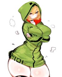 Rule 34 | arms under breasts, blonde hair, blush, breasts, choker, creeper, crossed arms, highres, hood, hoodie, humanization, large breasts, minecraft, red eyes, short hair, thick thighs, thighhighs, thighs, usa37107692, wide hips, zettai ryouiki