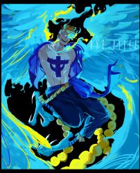 Rule 34 | 1boy, anchor symbol, anchor tattoo, azisaiharumaki56, beard stubble, black background, blonde hair, blue fire, blue theme, commentary, copyright name, facial hair, fire, glasses, harpy boy, highres, looking to the side, male focus, marco (one piece), monster boy, one piece, open clothes, open shirt, sash, short hair, simple background, smile, solo, stubble, tail, tattoo, wings
